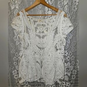 Timing, White, Crochet Lace Top, Womens M/L, Short Sleeve Square Neck